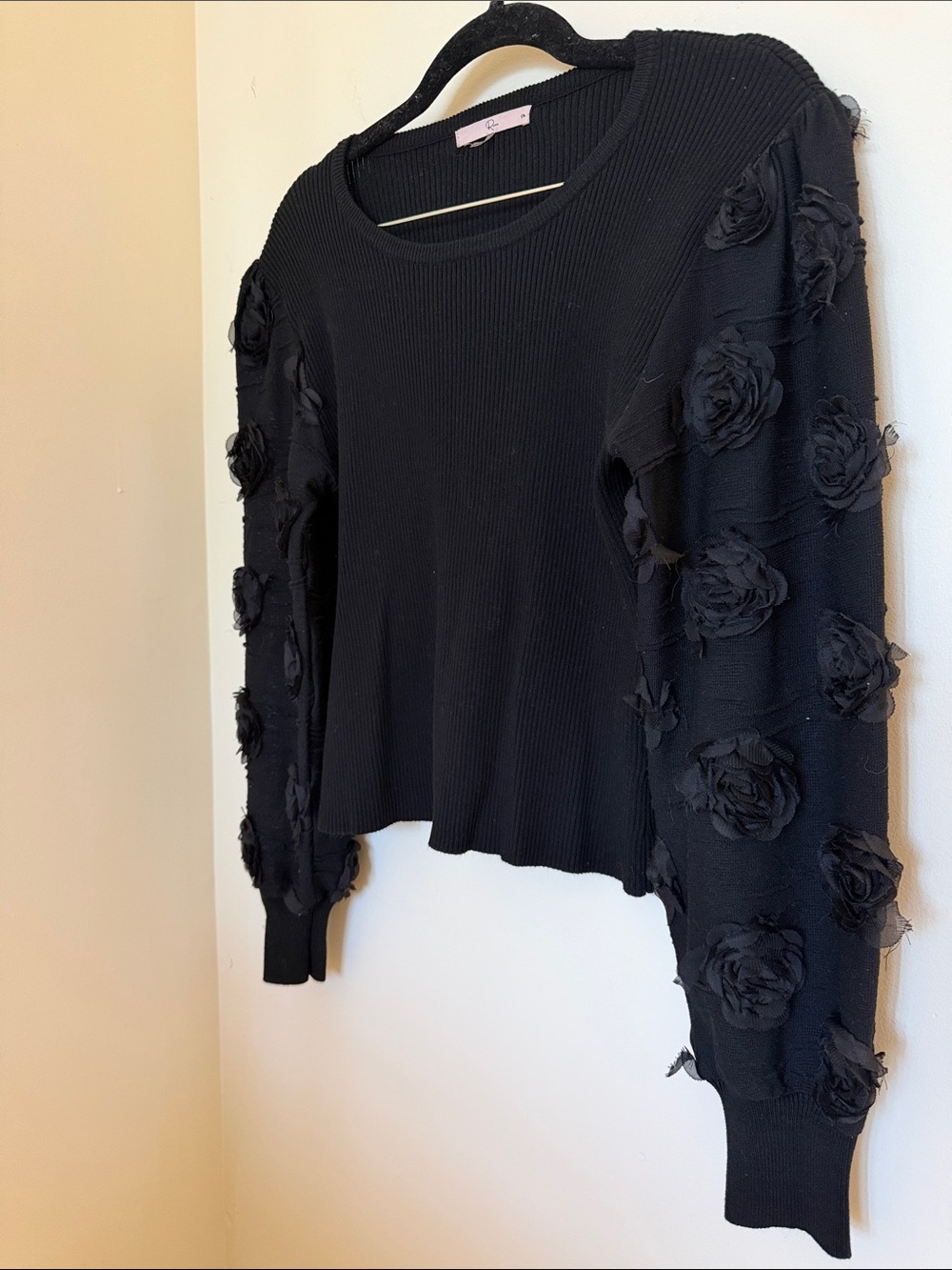 Women's Black Ribbed Sweater with 3D Floral Sleeves